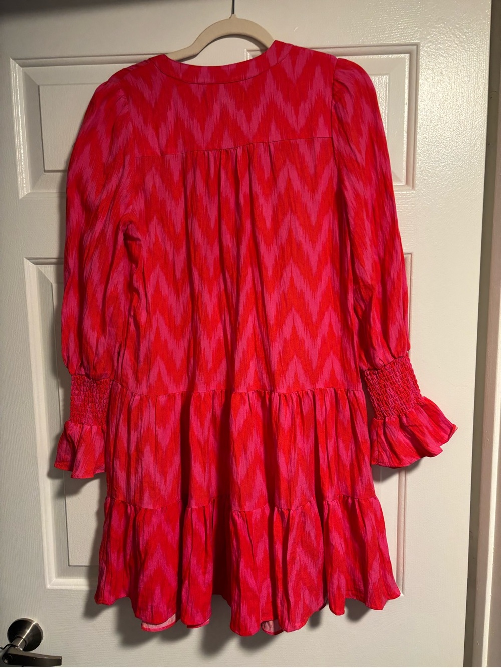 Tuckernut Pomander Place Hot Pink and Red Ikat V-Neck Tiered Dress - Picture 7 of 8